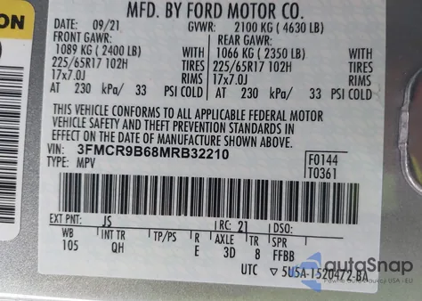 2021 Ford Bronco Sport Big Bend z USA, uszkodzony, nr VIN 3FMCR9B68MRB32210